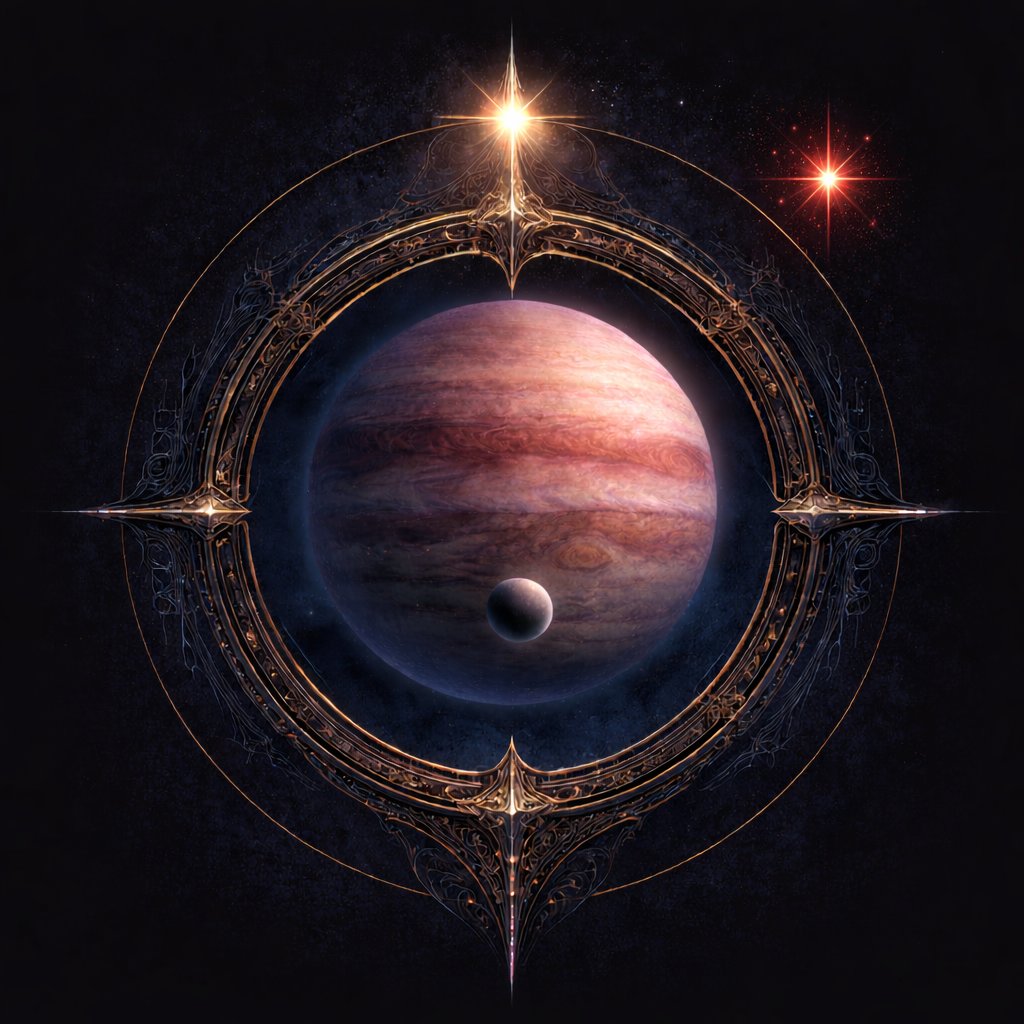 Un planeta rodeado por un anillo ornamentado y estrellas